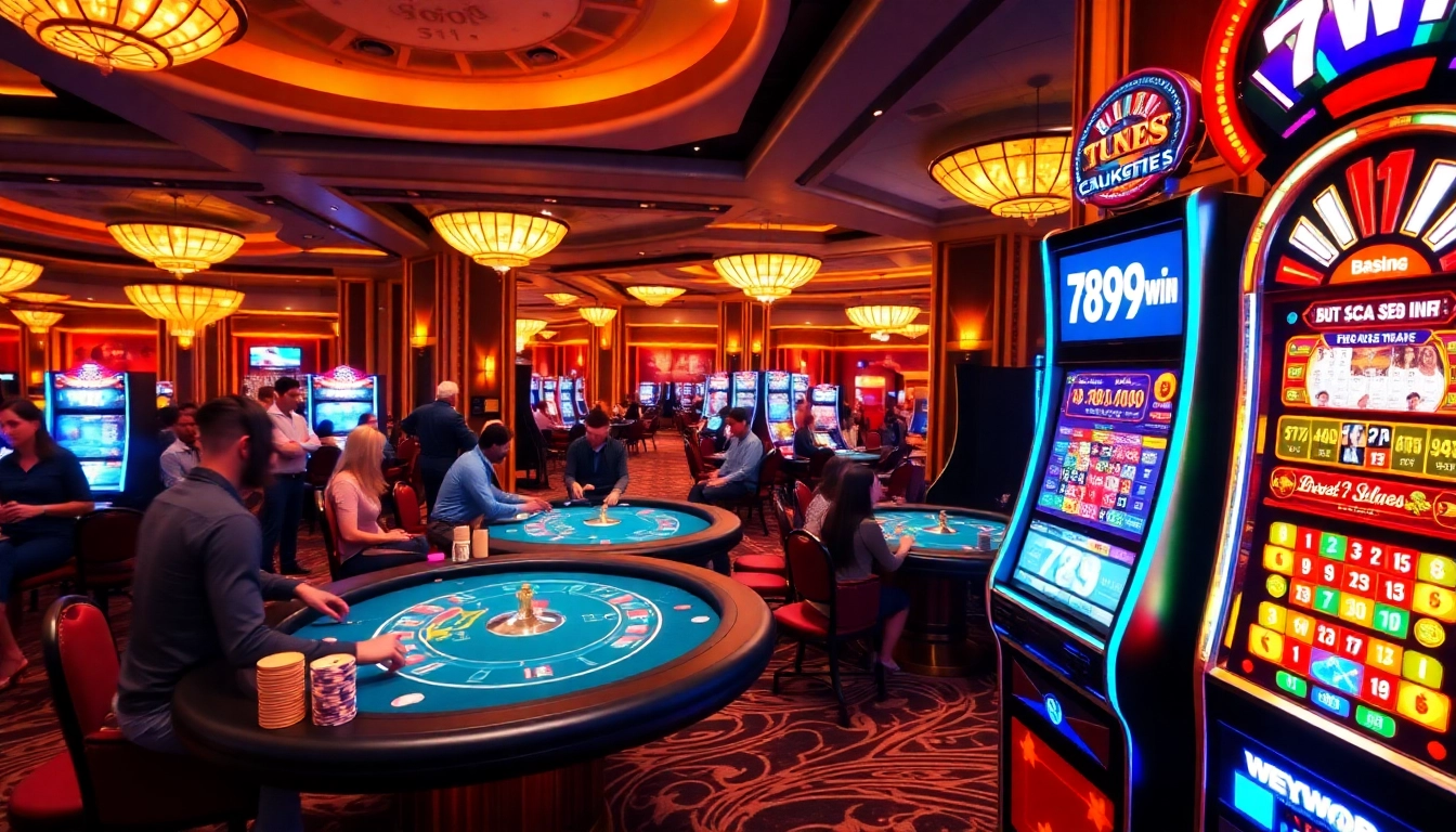 Players enjoying a thrilling game at 789win casino tables, surrounded by vibrant decor and excitement.