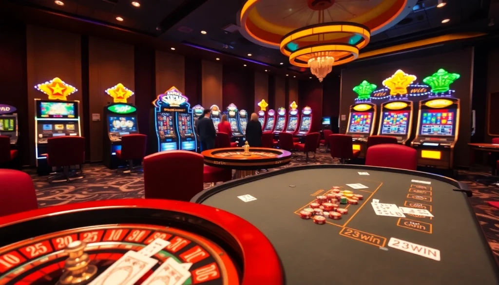 Experience thrilling gaming at 23win with a vibrant casino setting featuring poker, roulette, and slots.