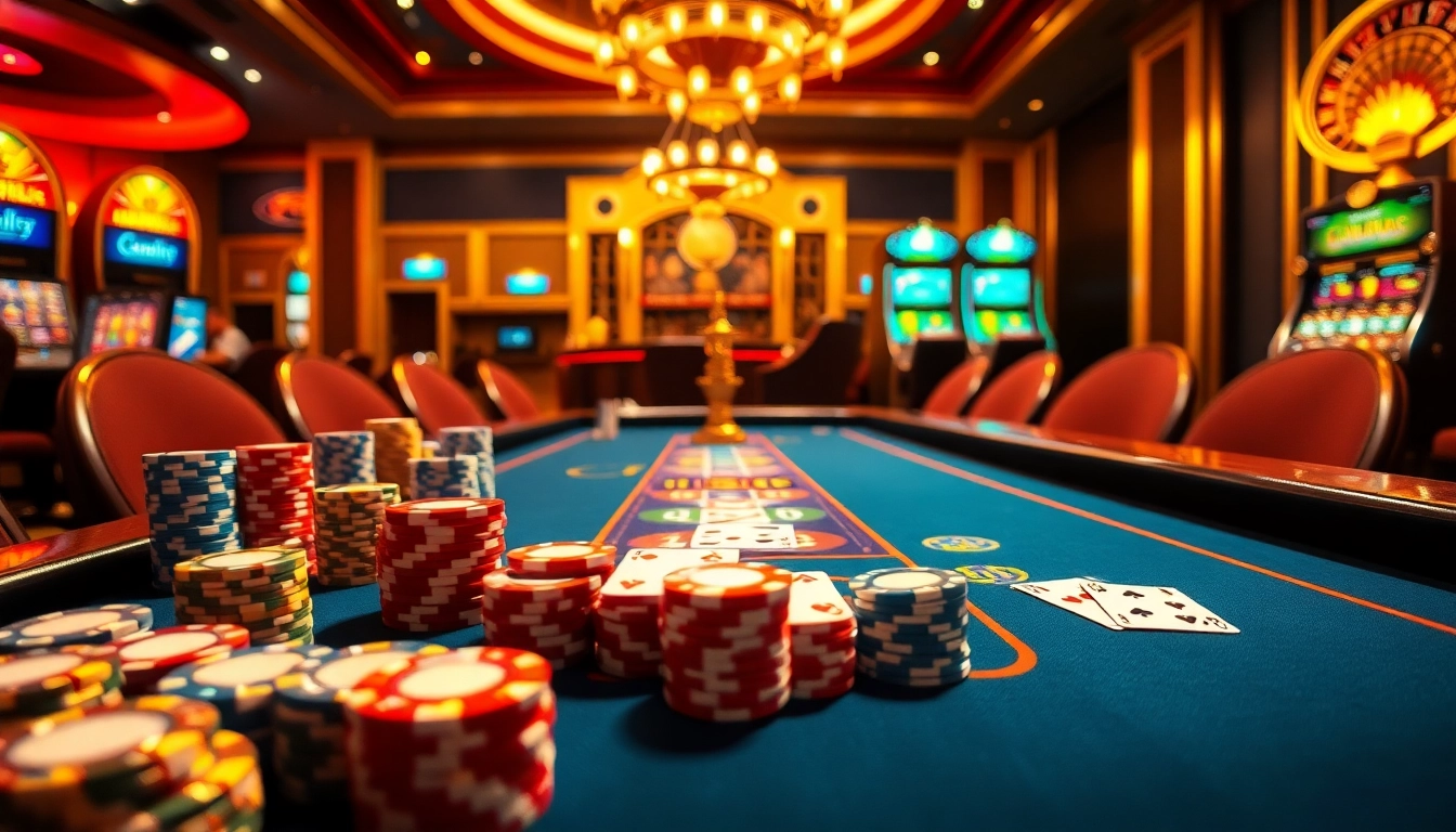 Experience the excitement of online gaming at https://luck8.locker/, featuring vibrant casino elements like poker chips and playing cards.