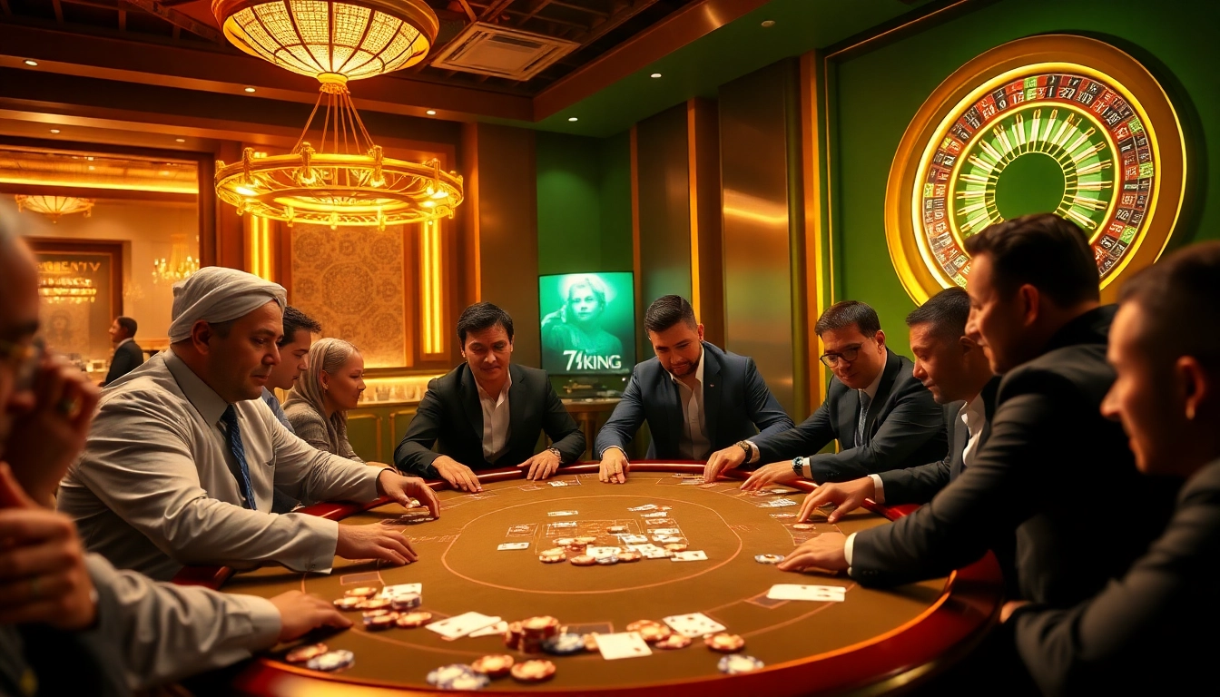 Excited players at a 79king poker table, showcasing intense gameplay with vibrant chips and cards.