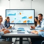 Digital Marketing team brainstorming in a bright office, showcasing collaboration and innovation.