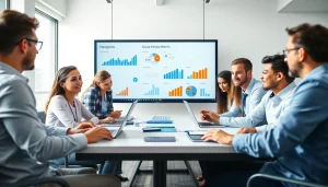 Digital Marketing team brainstorming in a bright office, showcasing collaboration and innovation.