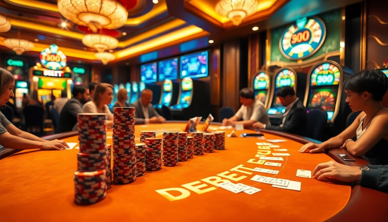 Exciting DEBET themed gambling table with vibrant poker chips and spinning roulette wheels in a luxurious casino setting.