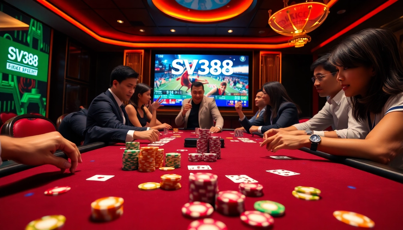 Players engaging in a thrilling game of blackjack at SV388's online casino, featuring colorful poker chips and cards.