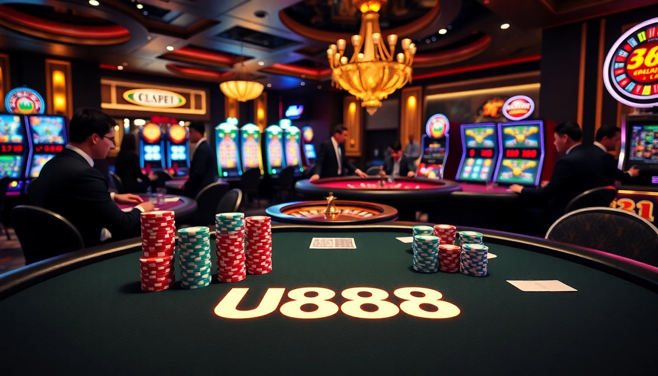 Engaging players at U888 poker table with vibrant chips and casino atmosphere.