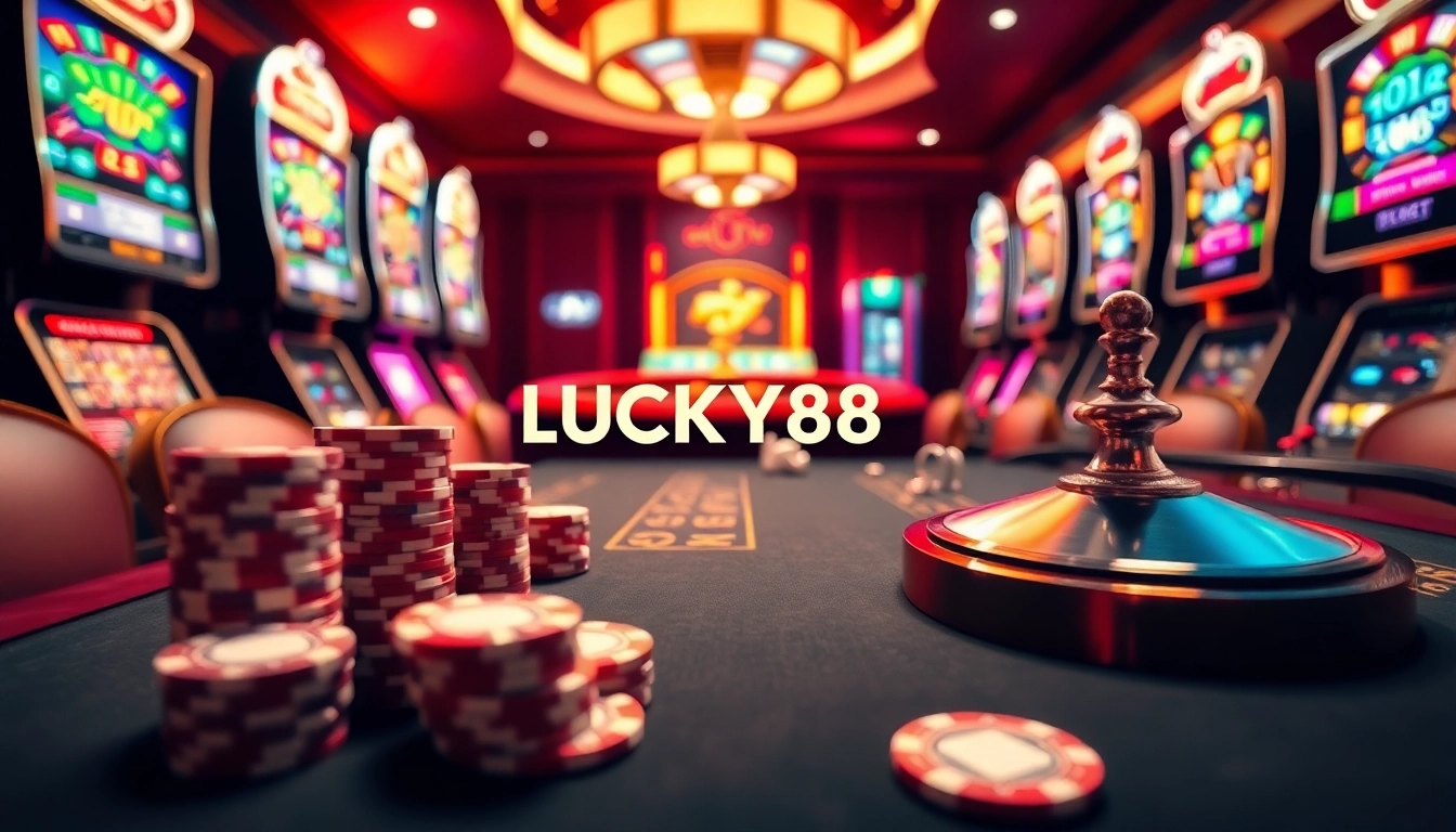 Experience the excitement of online gambling at LUCKY88 with vibrant casino elements and thrilling action.