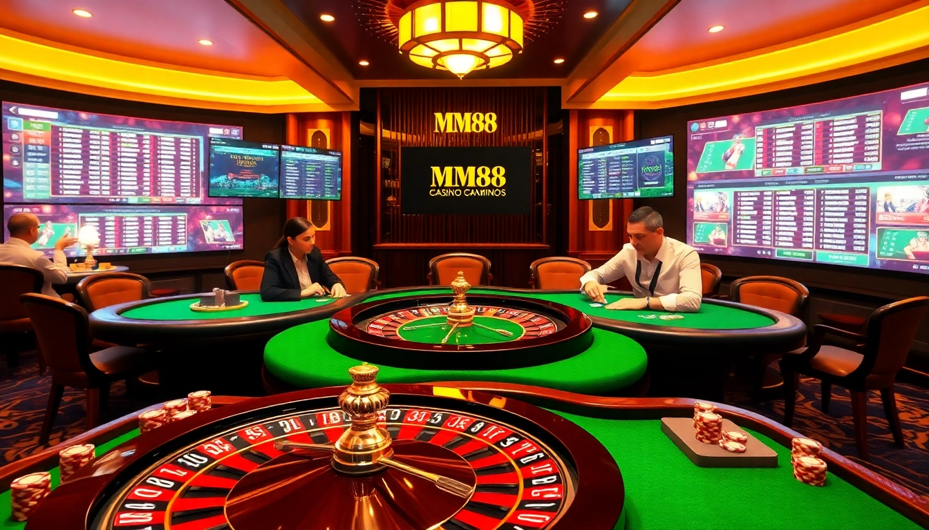 MM88 gambling scene showcasing poker action and roulette excitement in a luxury casino.