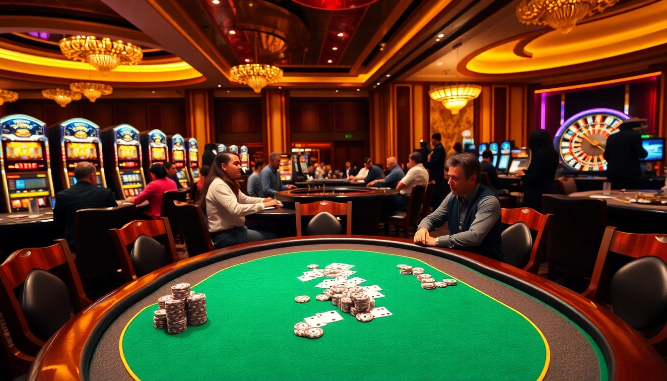 Players enjoying blackjack at a luxurious 98win casino table, with vibrant slot machines in the backdrop.