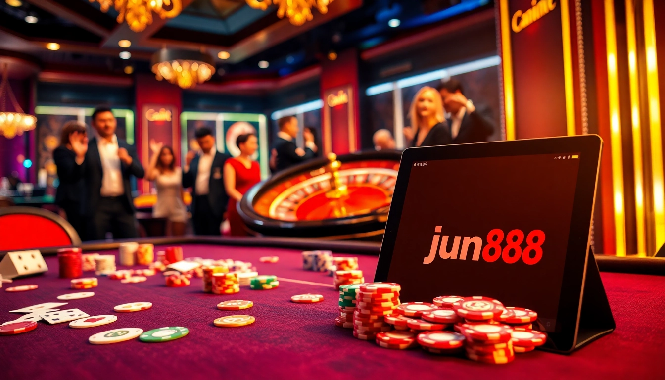 Experience thrilling gameplay with jun88 in a luxurious casino setting featuring poker and roulette.