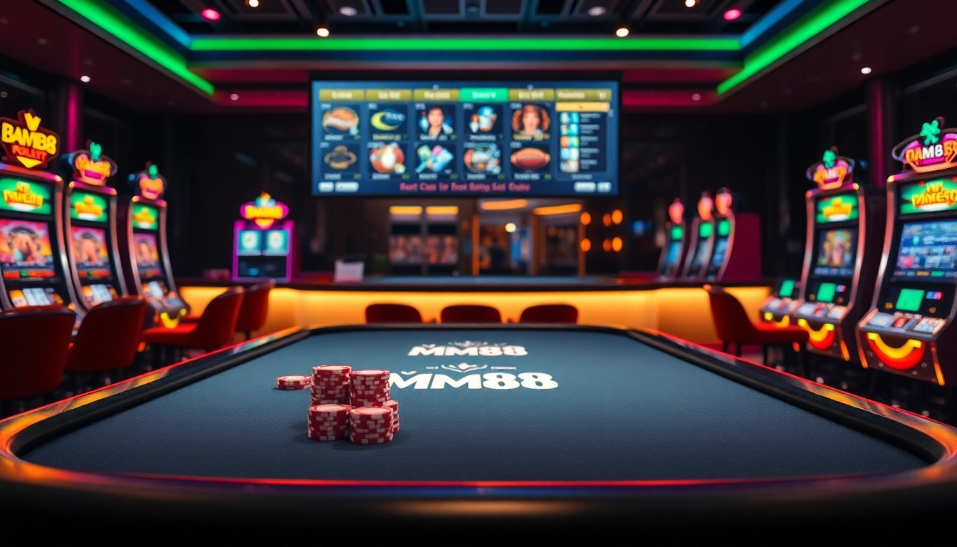 MM88 gaming table with cards and chips in a luxurious casino environment.