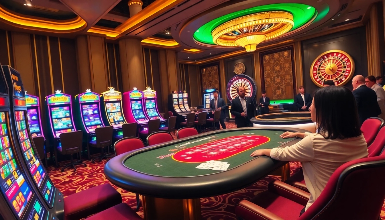 Experience the thrill of free credit live22 at a luxurious casino with vibrant gaming tables and excited players.