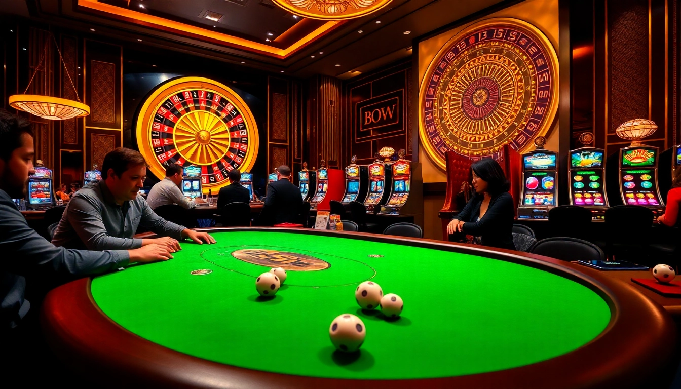 Experience excitement at 789win with players enjoying poker and roulette in a vibrant casino.