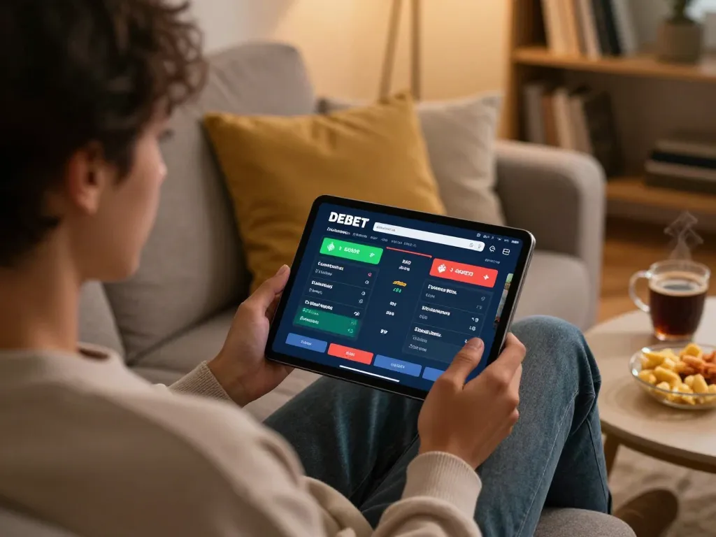 Person enjoying a gaming session using the DEBET app on a tablet in a cozy living room.