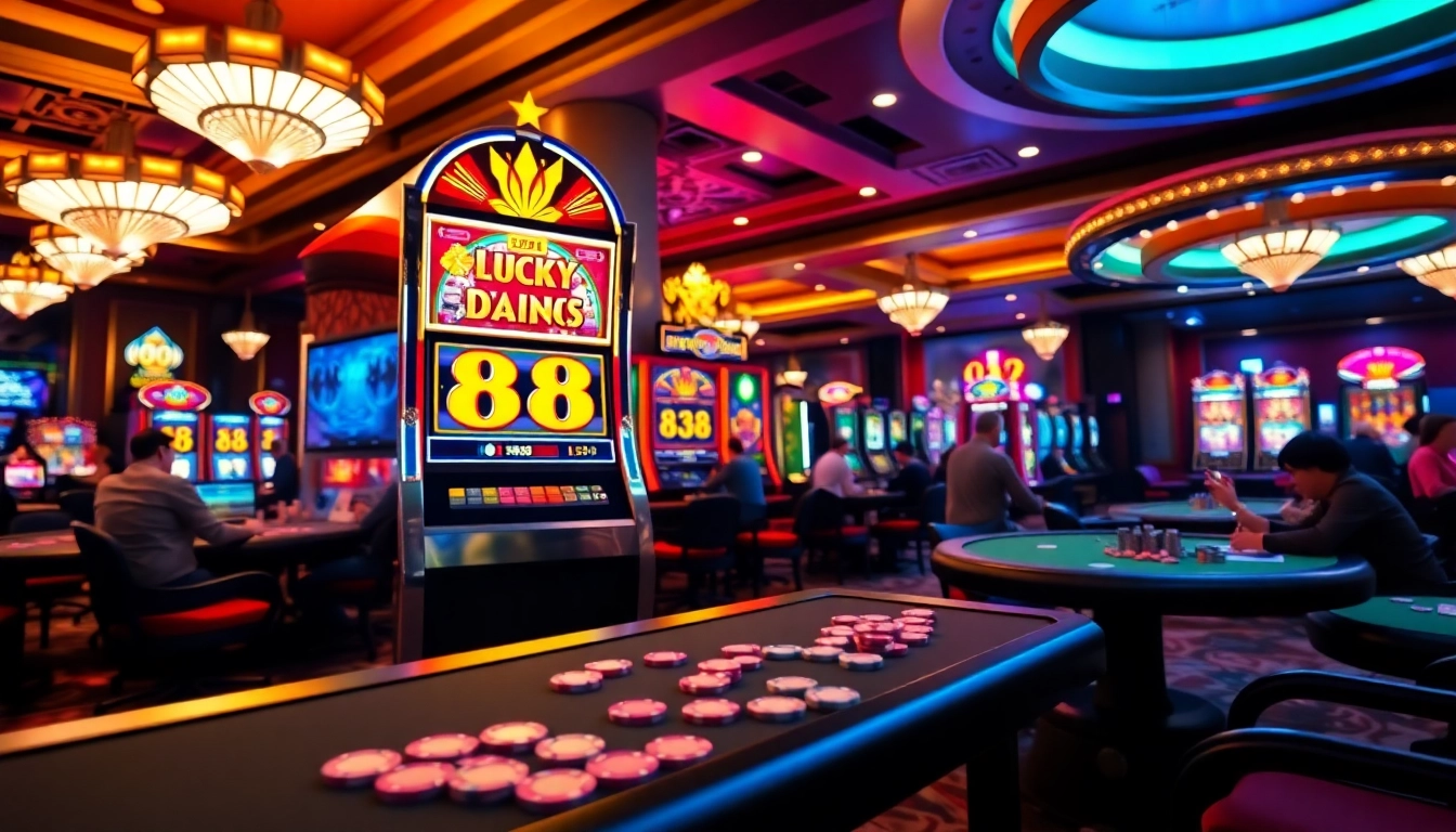 Action-packed scene of players winning on the Lucky 88 slot machine in a vibrant casino setting.