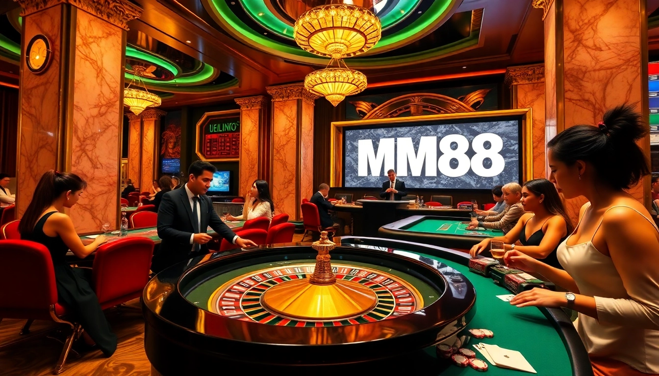 Players engage in thrilling games at MM88 Casino, featuring vibrant tables and high-stakes action.