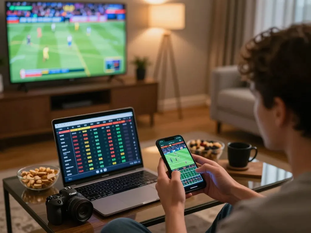 Engaging sports betting scene showcasing tg88 club online gaming experience with smartphone and live sports.
