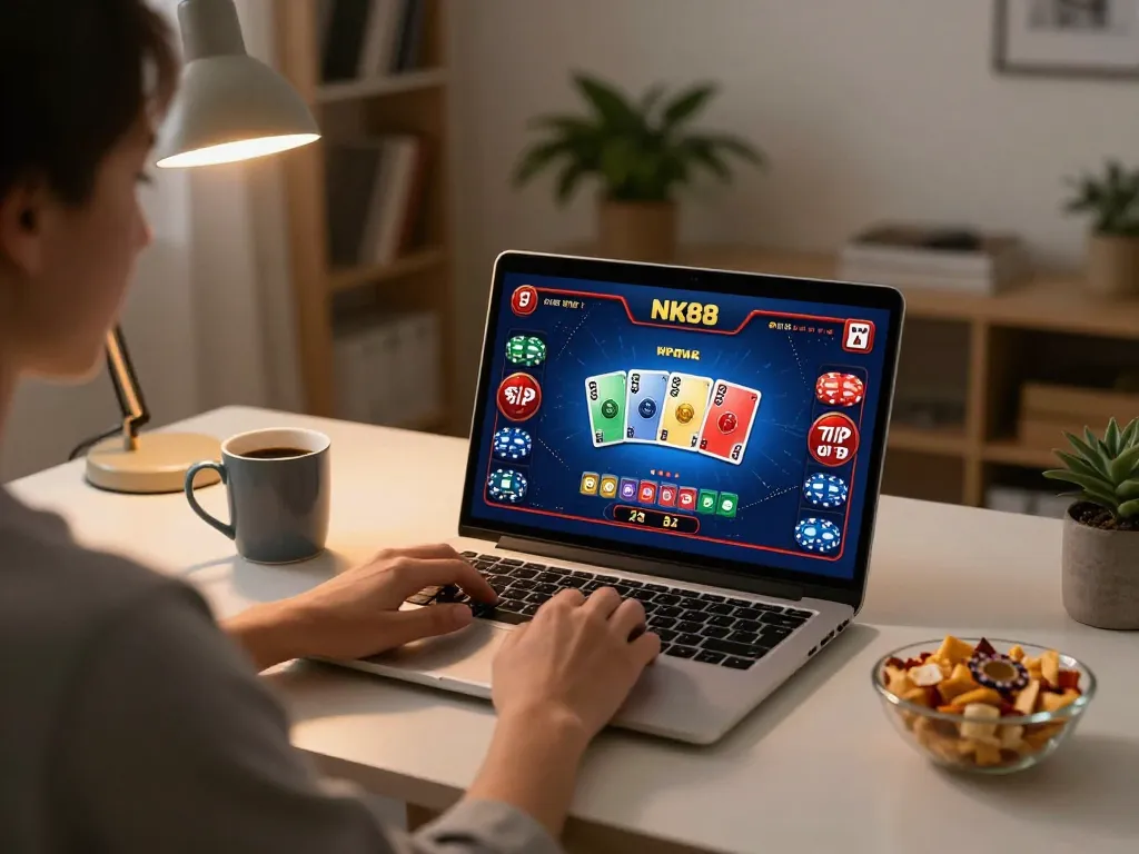 Play NK88 casino games on a laptop in a cozy home environment, showcasing online gaming experience