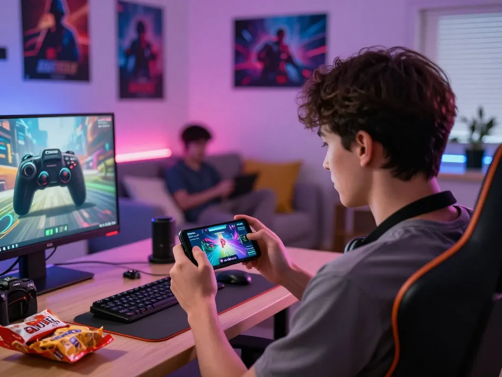 Tải sun win with friends in energized gaming setup, enjoying snacks and vibrant visuals.