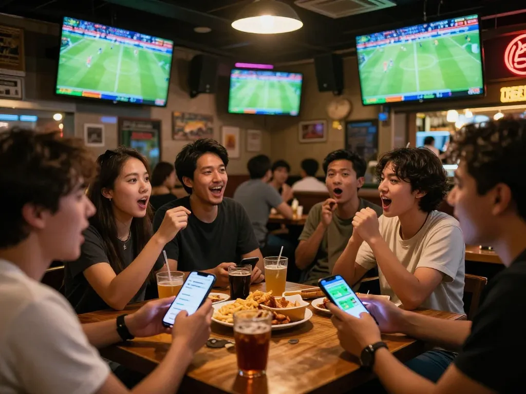 Fans interacting with kèo nhà cái through mobile apps while watching sports at a lively bar.