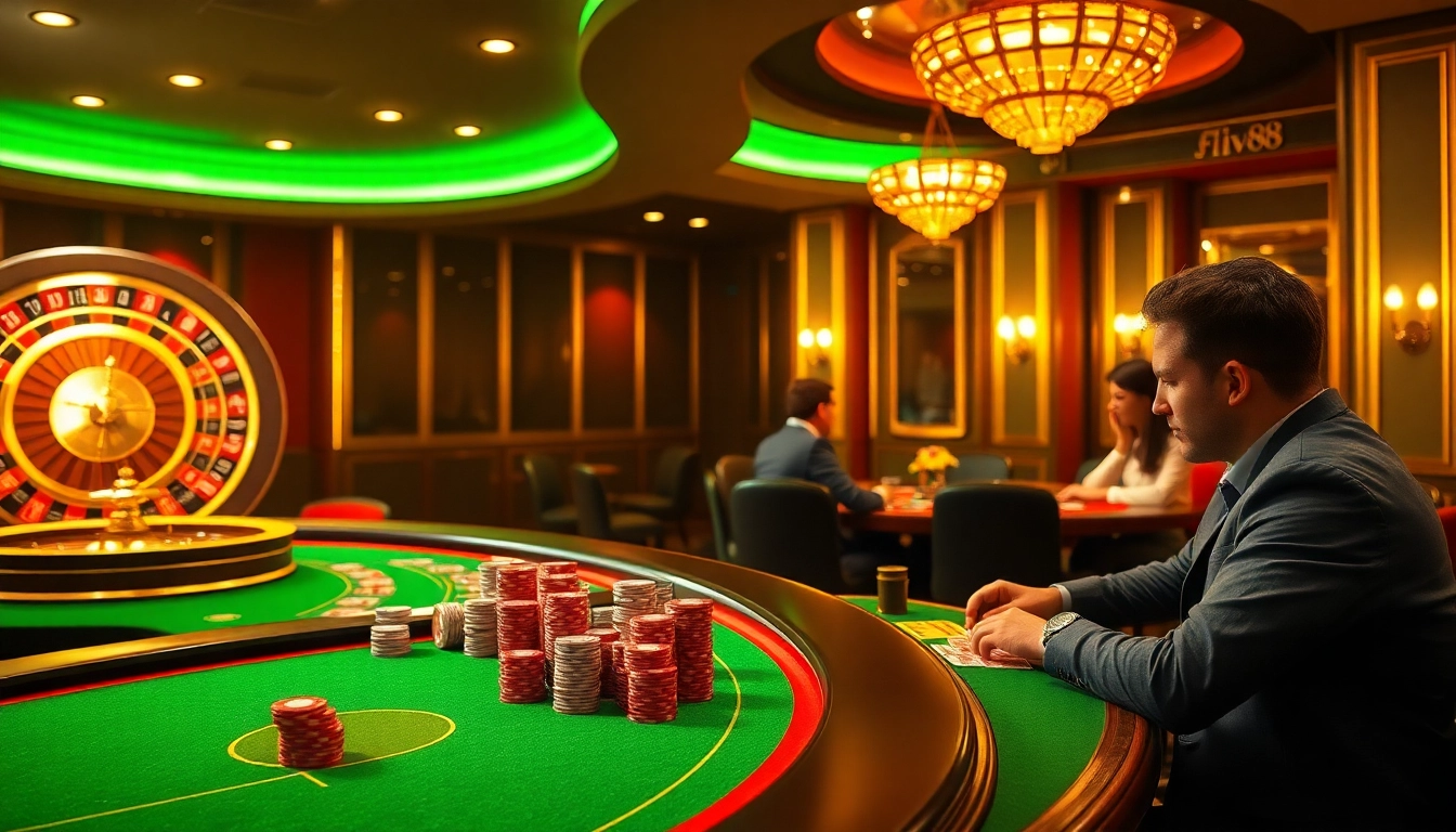 Players enjoying thrilling games at five88's luxurious casino tables with roulette and cards.