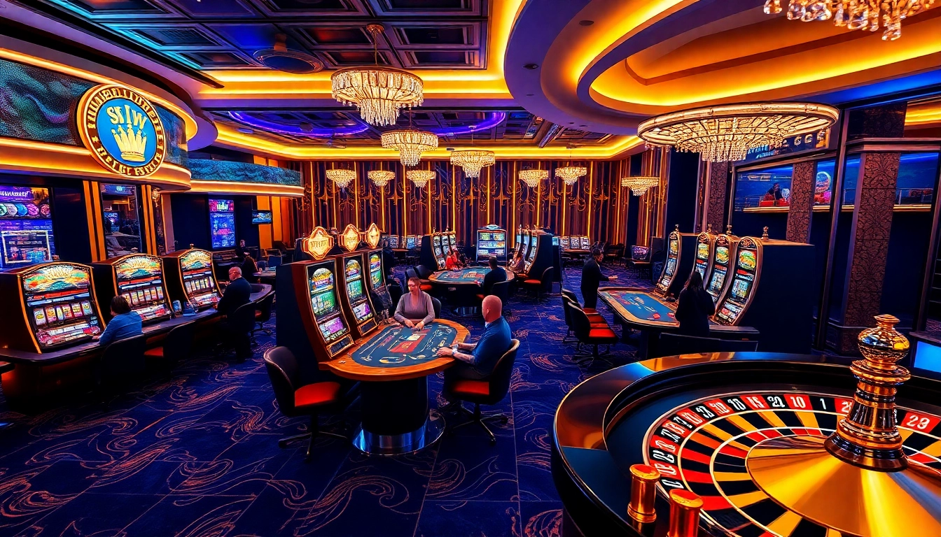Experience the thrilling casino atmosphere at sky88 with vibrant tables and modern slot machines.