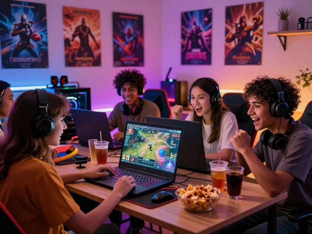 Friends enjoying an exciting game night playing rik vip with snacks and drinks in a vibrant LED-lit room.