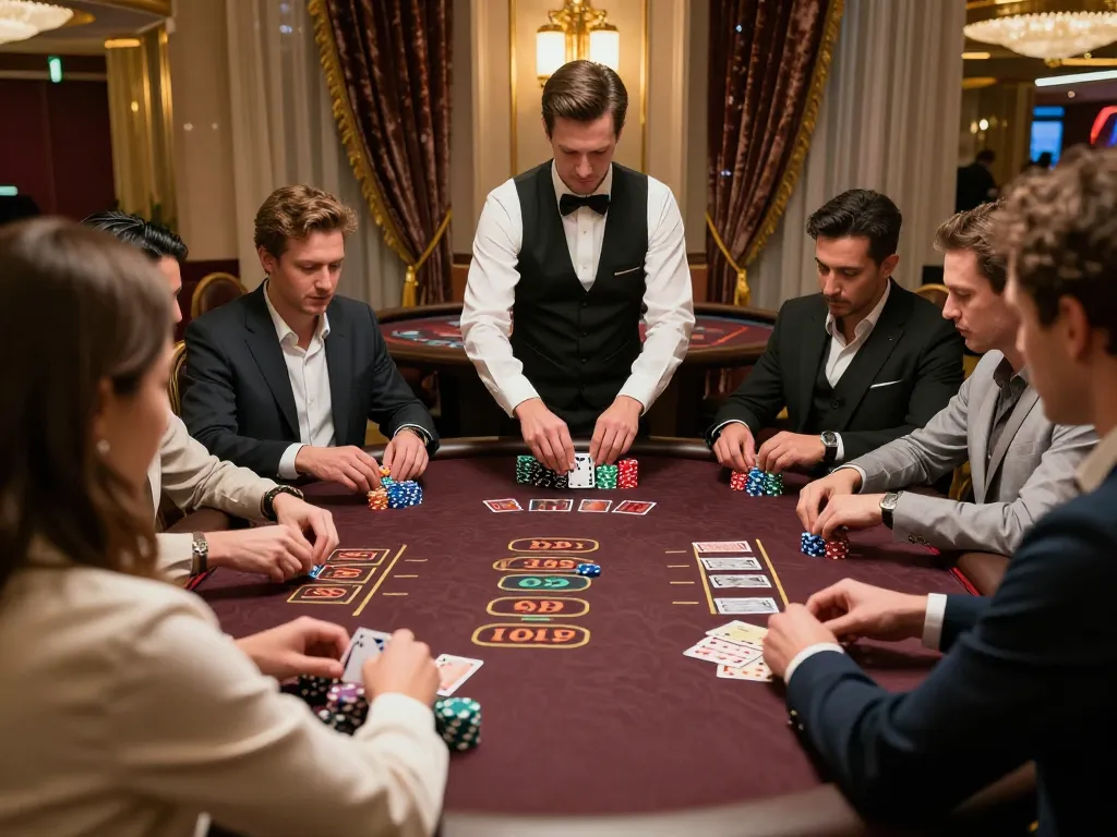 SKY88 players strategizing at a high-stakes blackjack table in an upscale casino