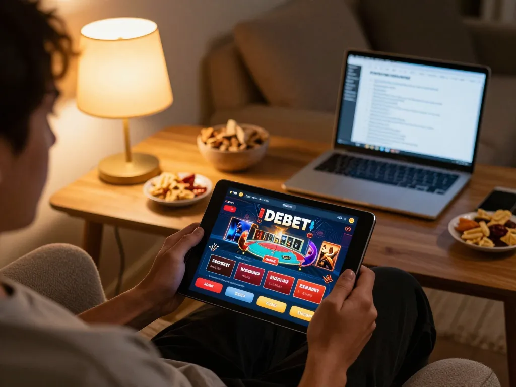 Player enjoying DEBET online casino app on tablet with poker strategy notes nearby