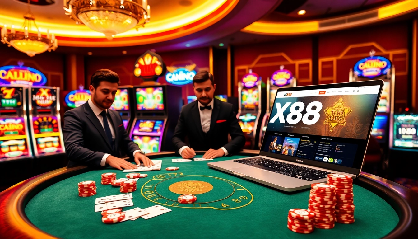 Experience luxury and excitement at the XX88 casino table featuring vibrant poker chips and illuminated slots.