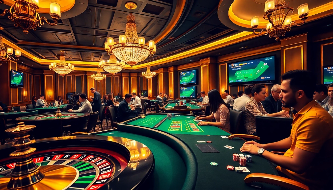 Players enjoying exciting games at the luxurious lu88 casino, with roulette wheel and poker tables.