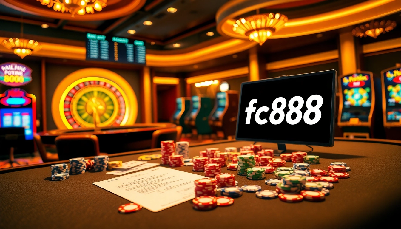 Experience the thrill of casino gaming at fc88, featuring vibrant poker chips and roulette wheels.