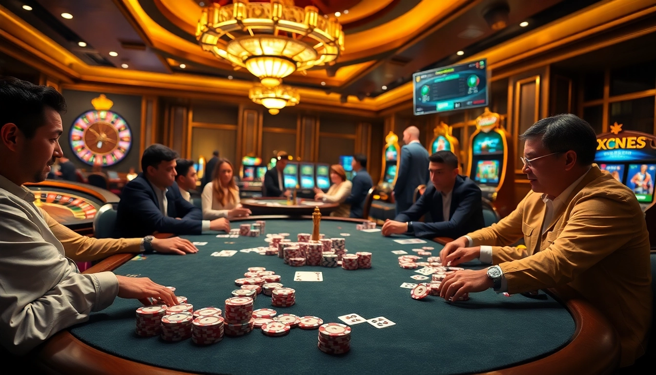 Xibet poker players strategizing at a luxurious casino table with vibrant chips and cards.