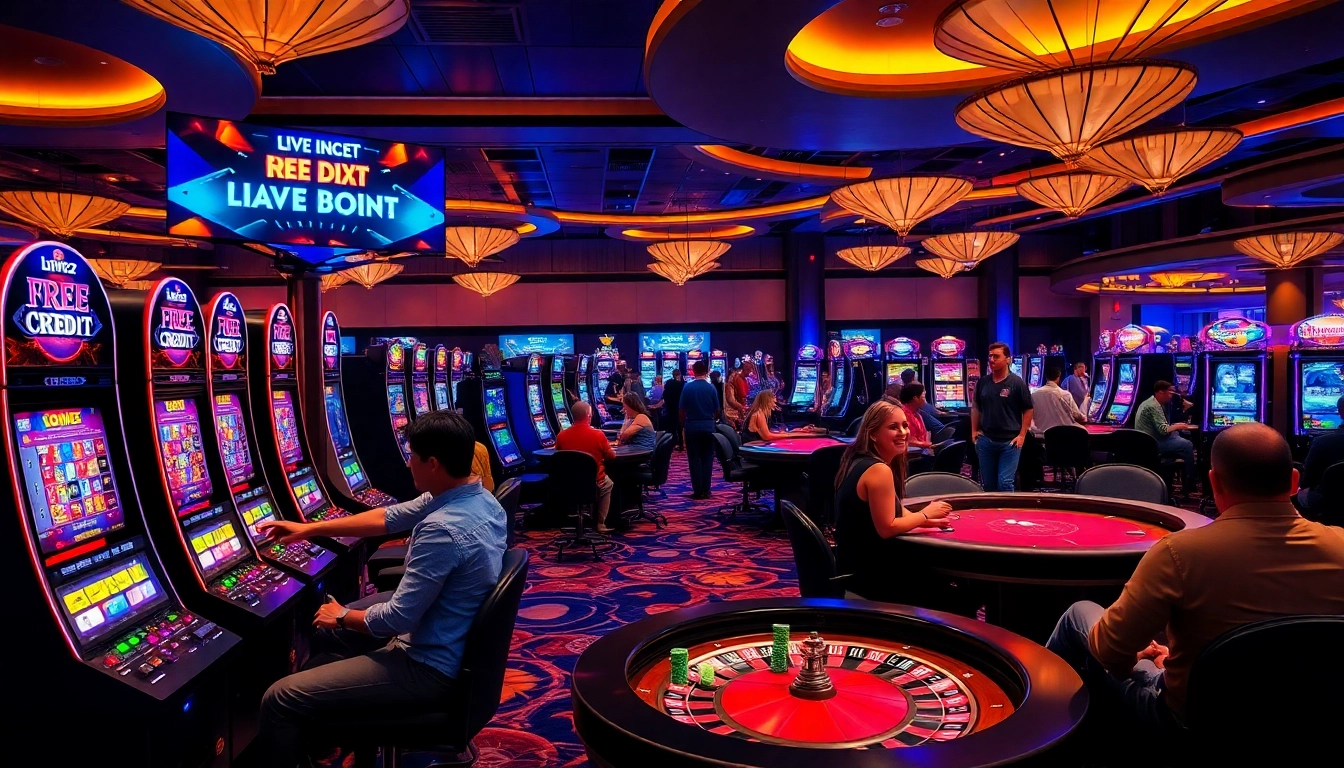 Excited players exploring free credit live22 offers while enjoying casino games and vibrant atmosphere.