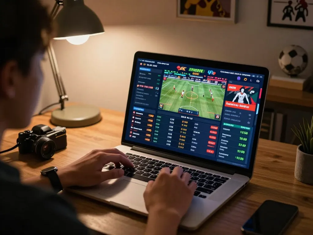 Engaged user placing bets on kèo nhà cái hôm nay via laptop in a cozy workspace.