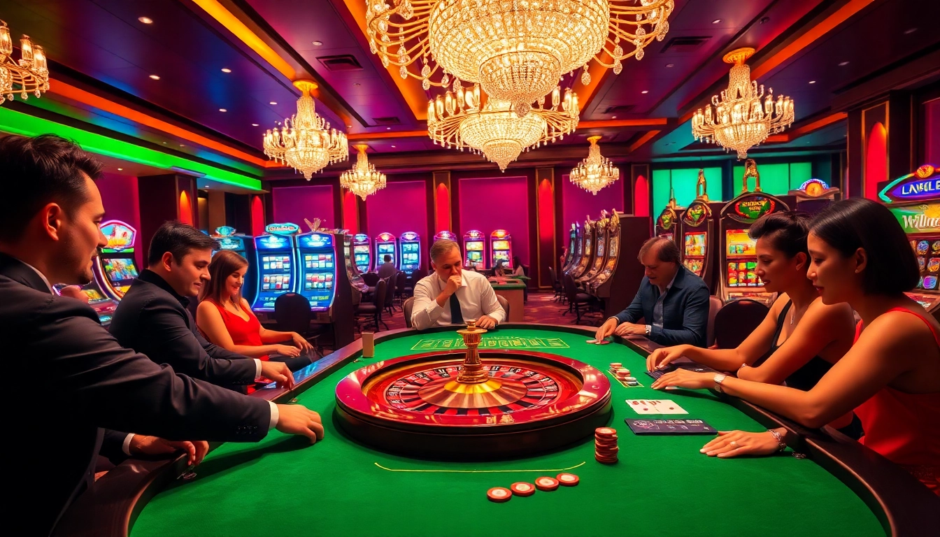 Players enjoying a thrilling poker game at XX88 casino, surrounded by vibrant lights and roulette.