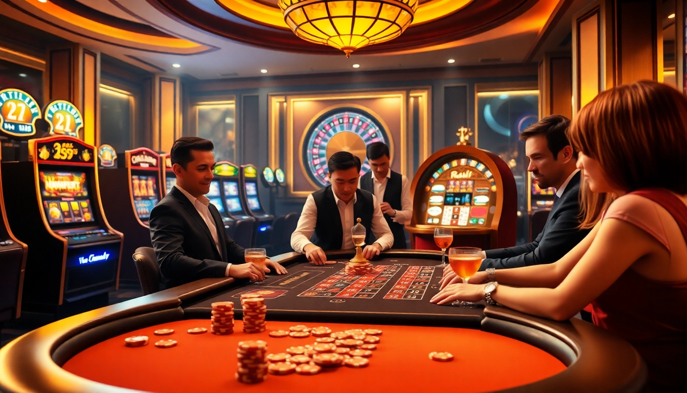 Players enjoying a thrilling game at red88 casino featuring vibrant poker and roulette tables.
