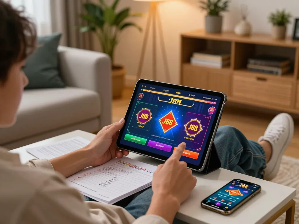 Engaged player enjoying J88 casino games on a tablet at home, showcasing strategic online gaming.