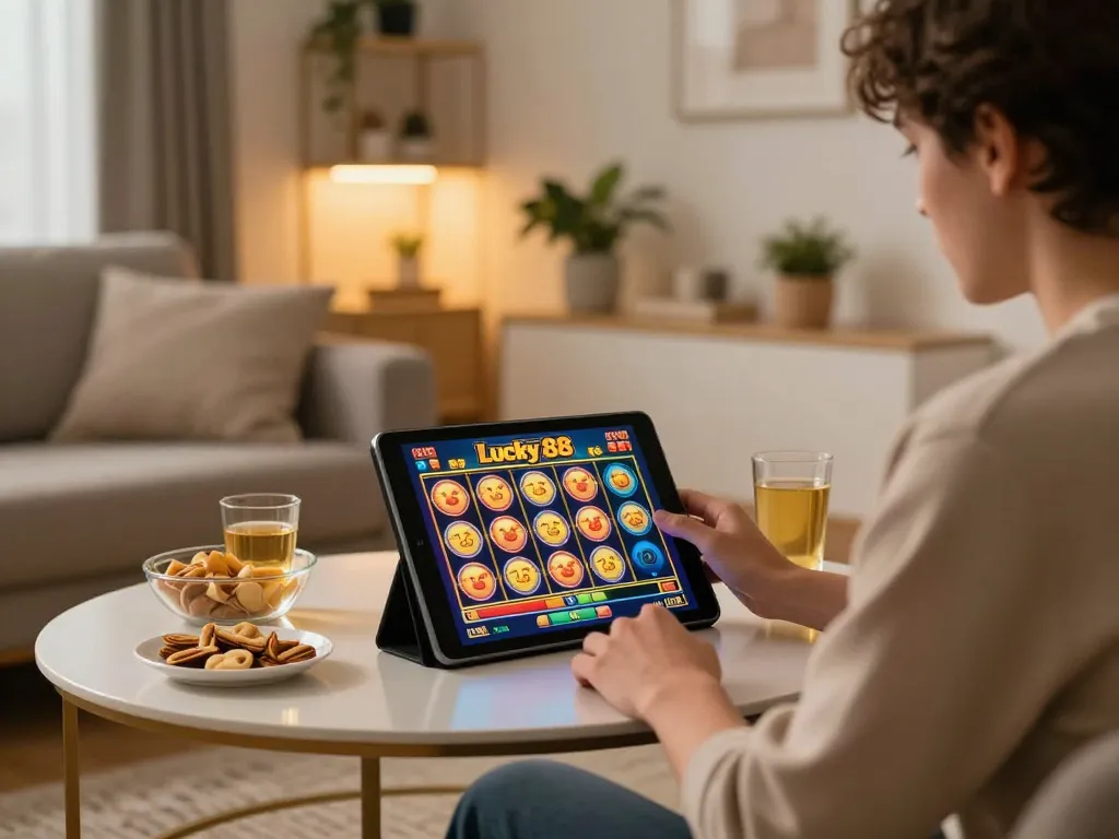 Player enjoying Lucky 88 slot game on tablet in a cozy living room setting.