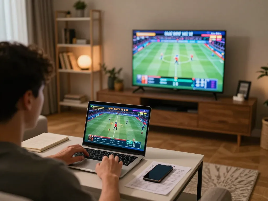 Person engaging in online sports betting, showcasing kèo nhà cái on laptop in cozy home.