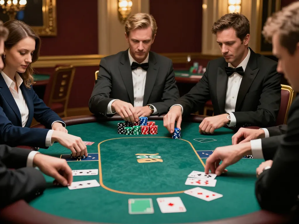DA88 poker players strategizing during a high-stakes game in a luxurious casino setting