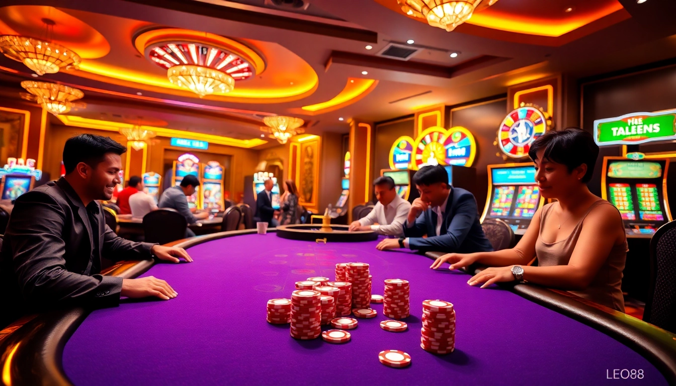 Exciting poker game at LEO88 casino showcasing vibrant chips and roulette.