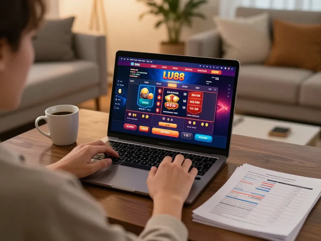 Engaged player using LU88 online casino interface on laptop at home.