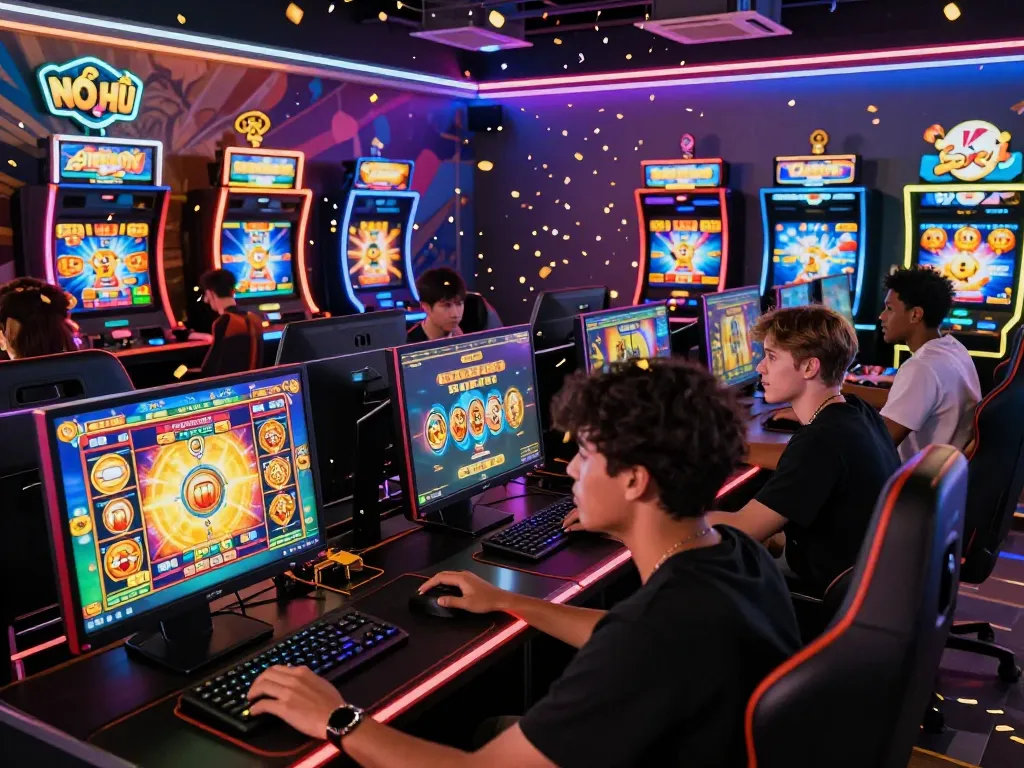 Nổ Hũ gaming scene with diverse players enjoying vibrant slot games in an electrifying atmosphere.