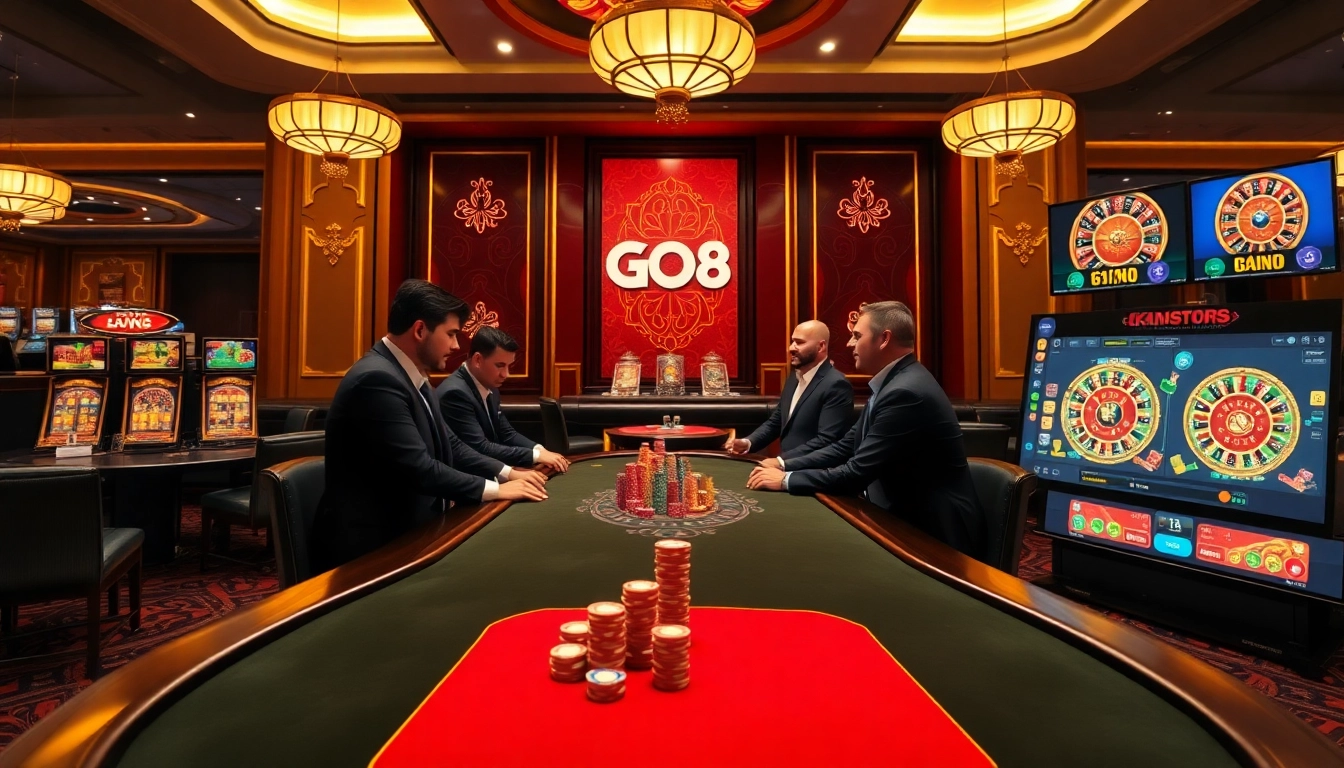 Players engaging with go8 themed poker chips in a luxurious casino setting.