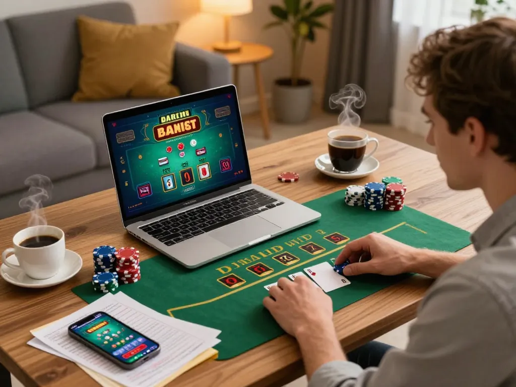 Engaging online blackjack session on kp88 com, showcasing strategy notes and a laptop.
