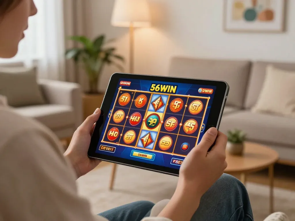 Engaging gaming session at 56WIN with player using tablet for online slots.
