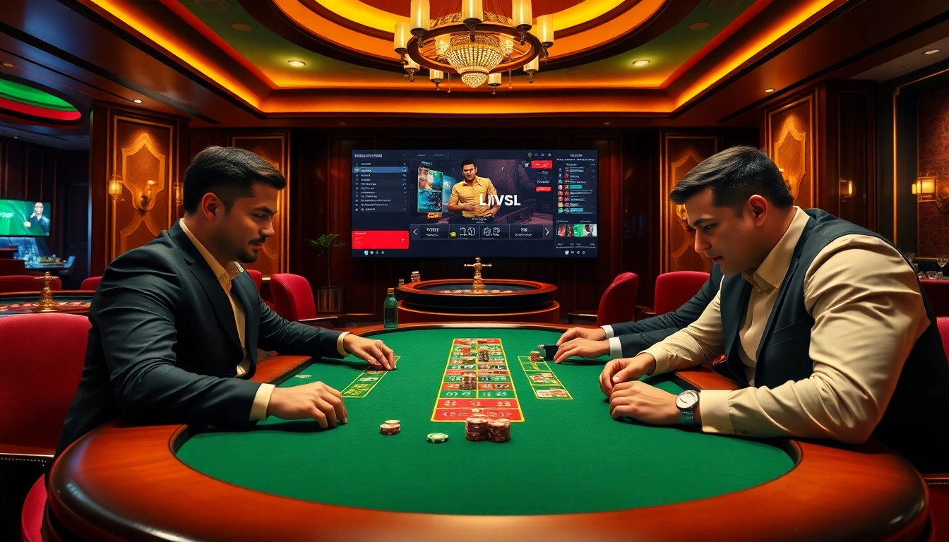 Engage in thrilling live betting at https://bj88daga.dev/ with a luxurious casino scene featuring intense card gameplay.