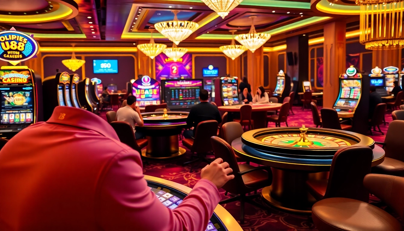 U88 players celebrating their wins at a luxurious casino filled with vibrant slot machines.
