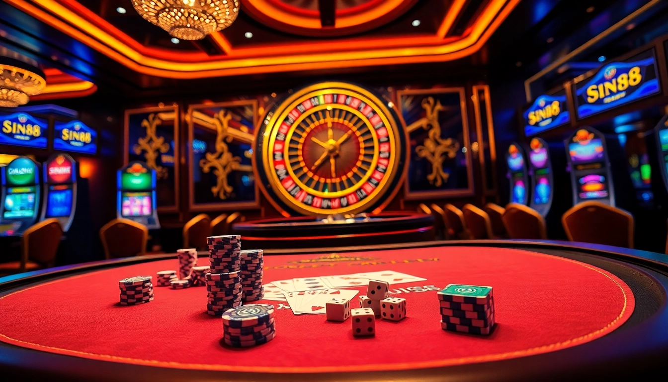 SIN88 casino scene showcasing poker chips and cards at an elegant gaming table.
