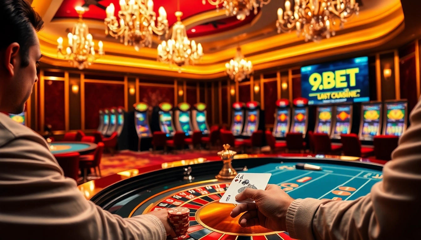 Exciting gaming scene at a 9BET casino, showcasing a roulette table and poker action.